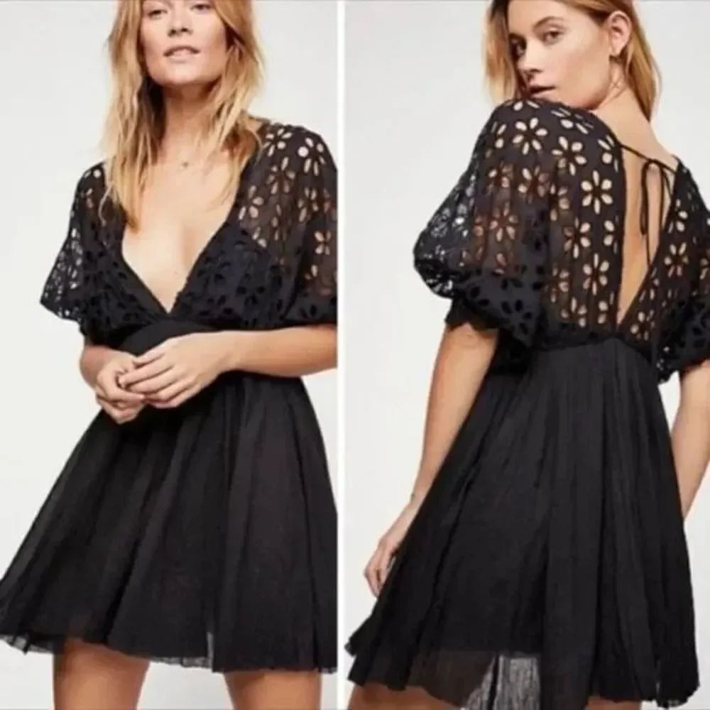 ✨Free People One Black Bella Notte Mini Dress Eyelet Sleeve✨
